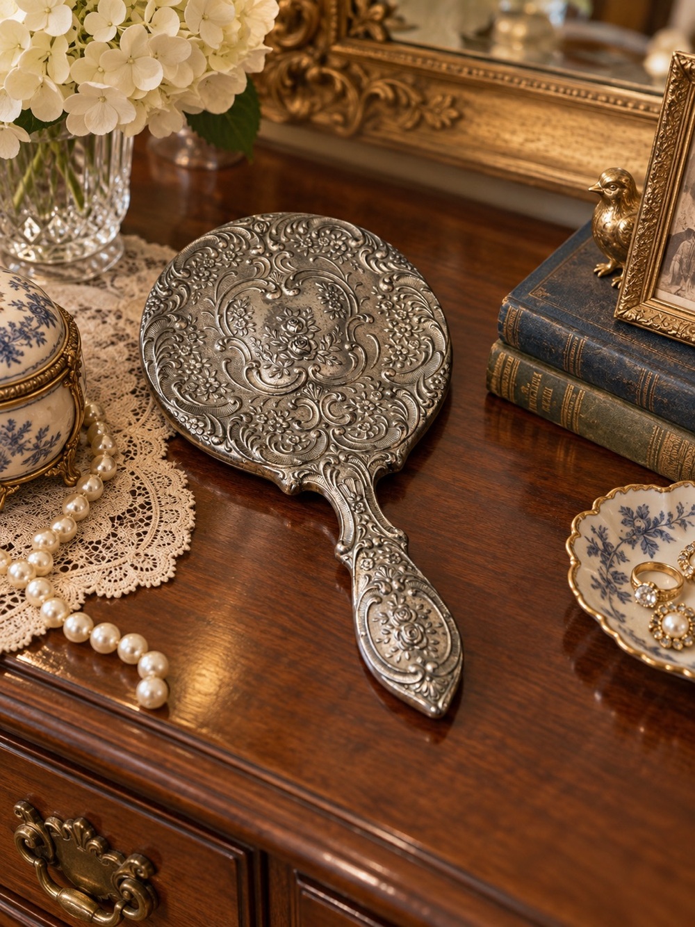 Vintage Silver Plate Ornate Hand Mirror - Decorative Vanity Accent